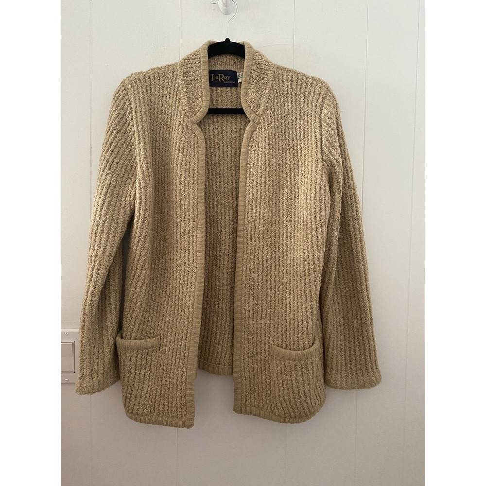 VTG 80's LeRoy Knitwear Bouclé Cardigan Sweater Sz L Tan Open Front Chunky
